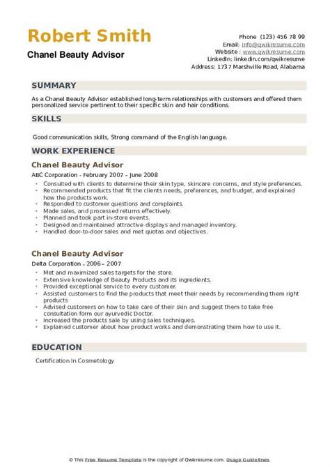 Chanel Beauty Advisor Resume Sample .